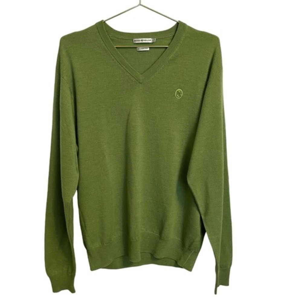 Peter Millar Mens V-Neck Sweater Olive Green 100% Extrafine Italian Merino Wool